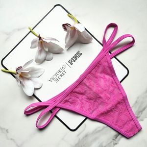 NWT PINK VICTORIA'S SECRET FLOCKED MESH LOGO THONG PANTY IN PINK BERRY SIZE LARG